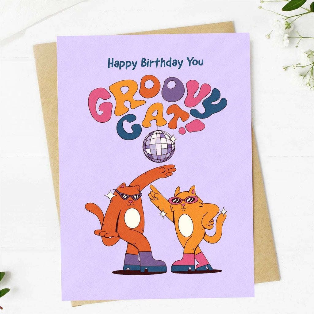 "Happy birthday you groovy cat" birthday card