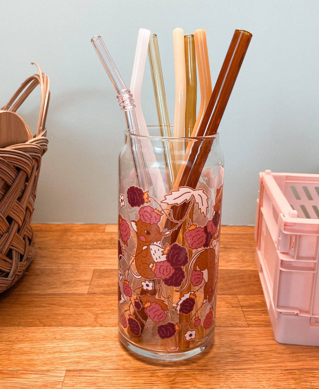 Raspberry Mouse 20 oz Can Glass | cute mice & berries