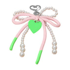 Heart Charm Dangle Double Pearl Beaded Loop Bow Keychain / Bag Charm