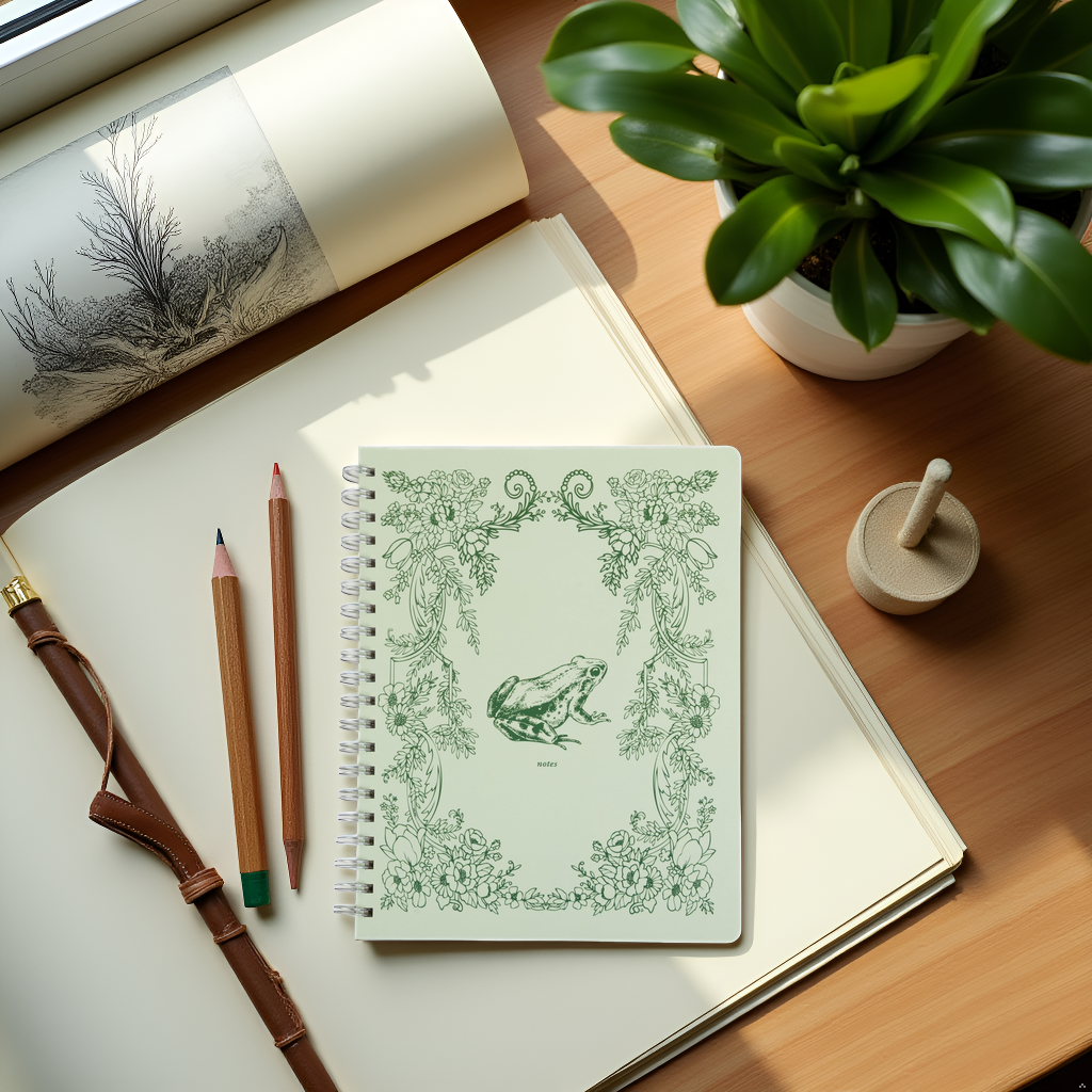Frog Toile Spiral Notebook, 8x10 Stationary Journal
