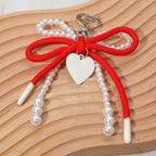 Heart Charm Dangle Double Pearl Beaded Loop Bow Keychain / Bag Charm