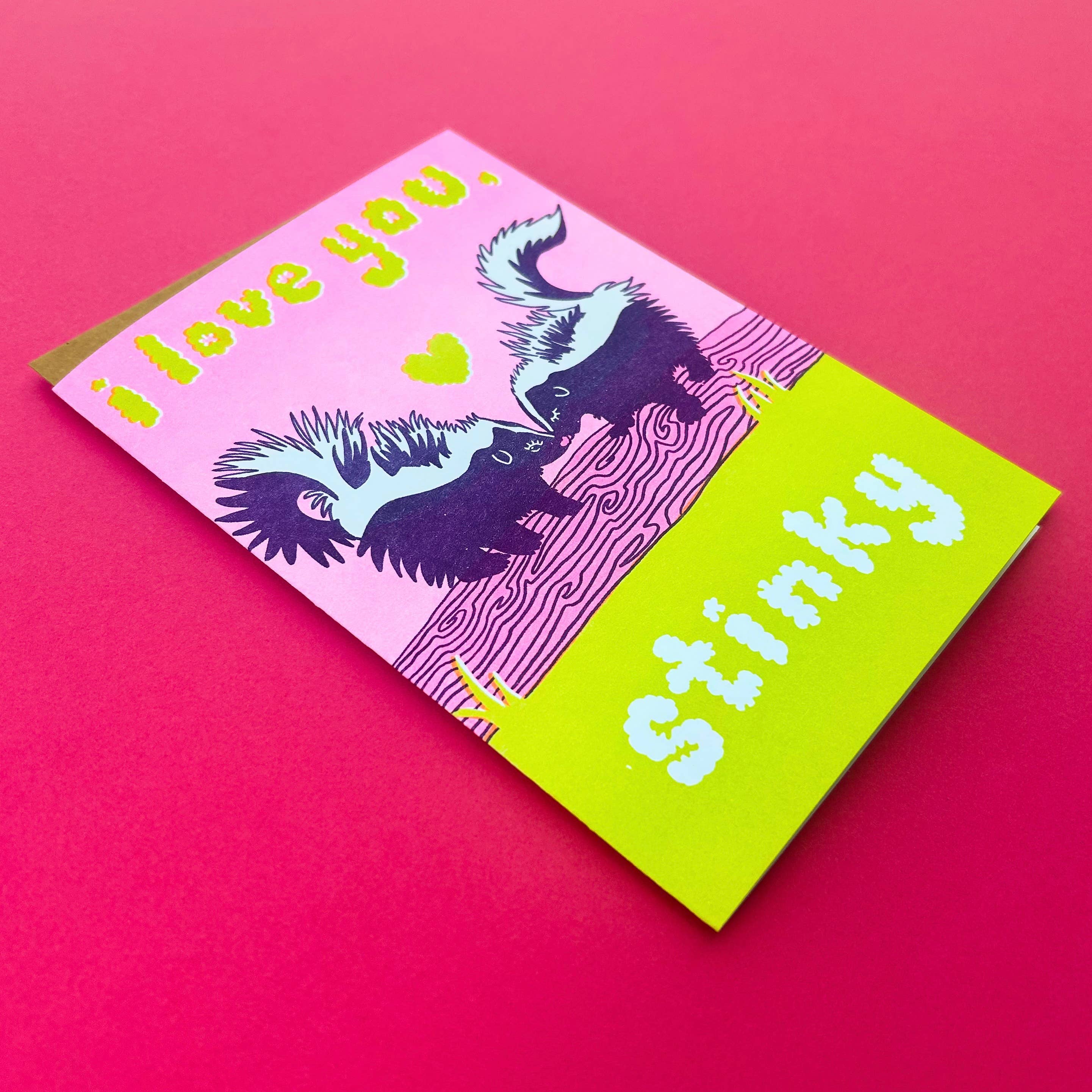 Love You Stinky Skunk Card Risograph Greeting Card