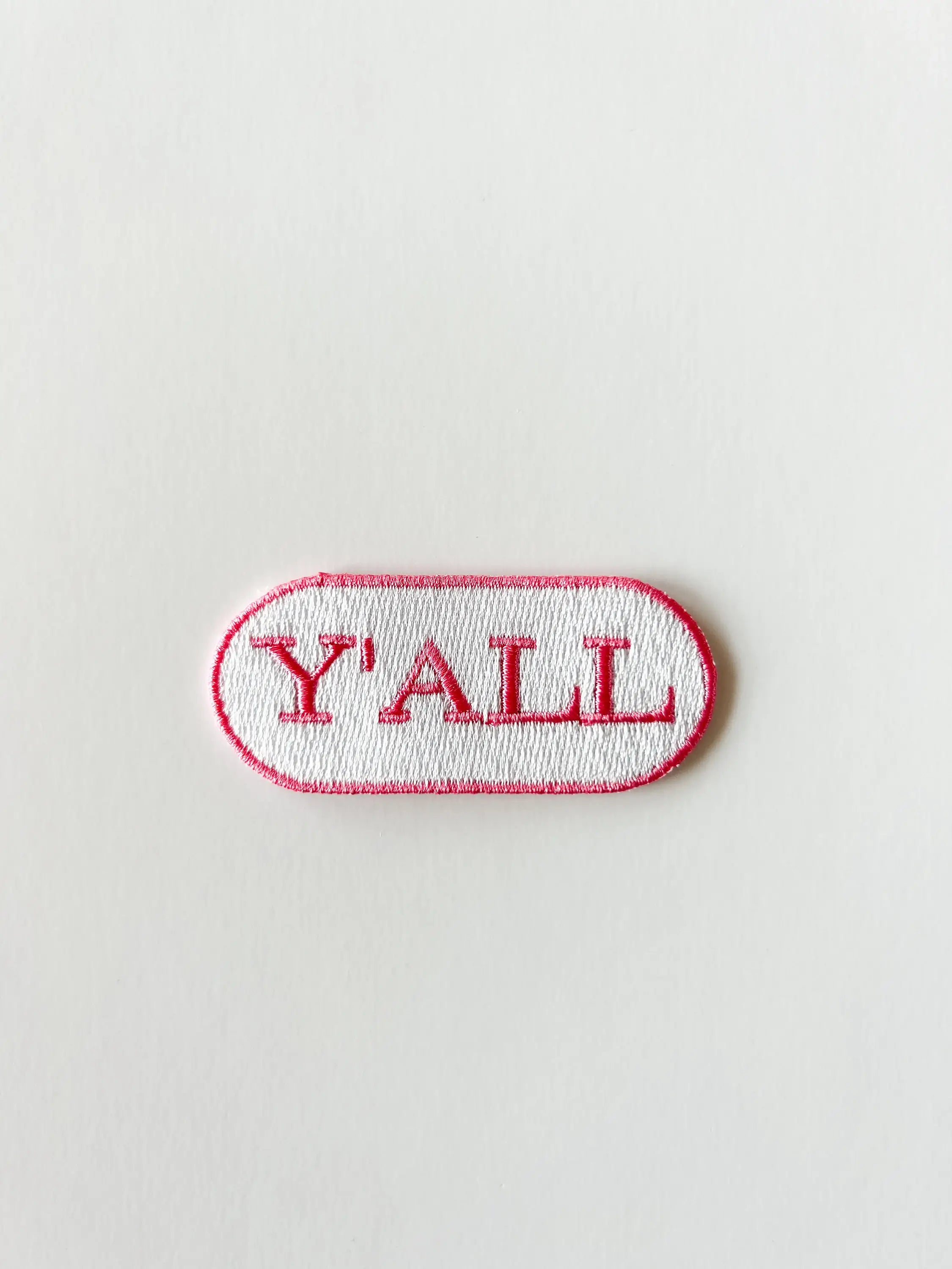 Y'all Embroidered Iron-on Patch Pink and White