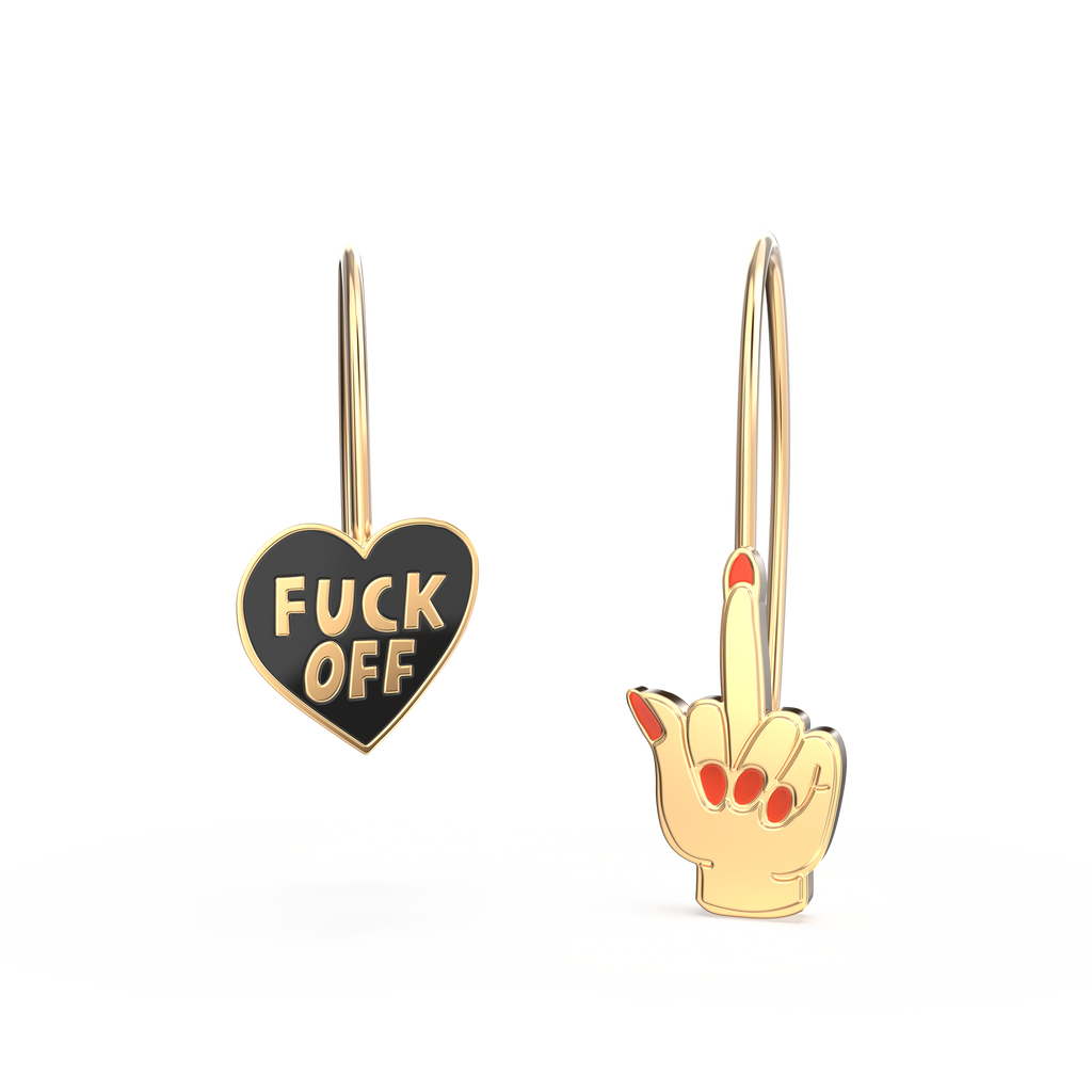 F*ck Off Heart & Middle Finger Earrings - Gold Swear Word