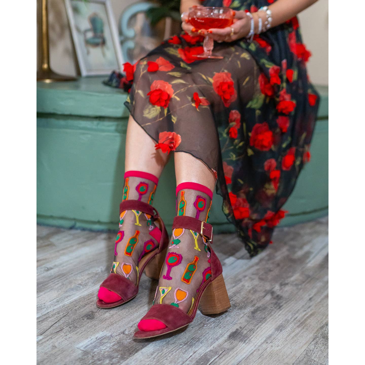 Cocktail Hour Black Sheer Crew Socks