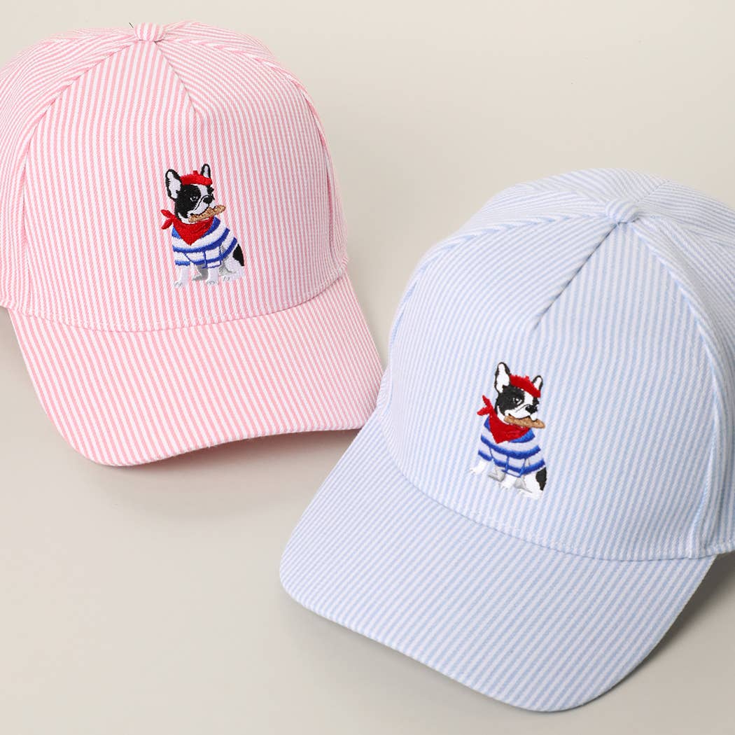 French Bulldog Embroidered Seersucker Stripe Trucker Hat