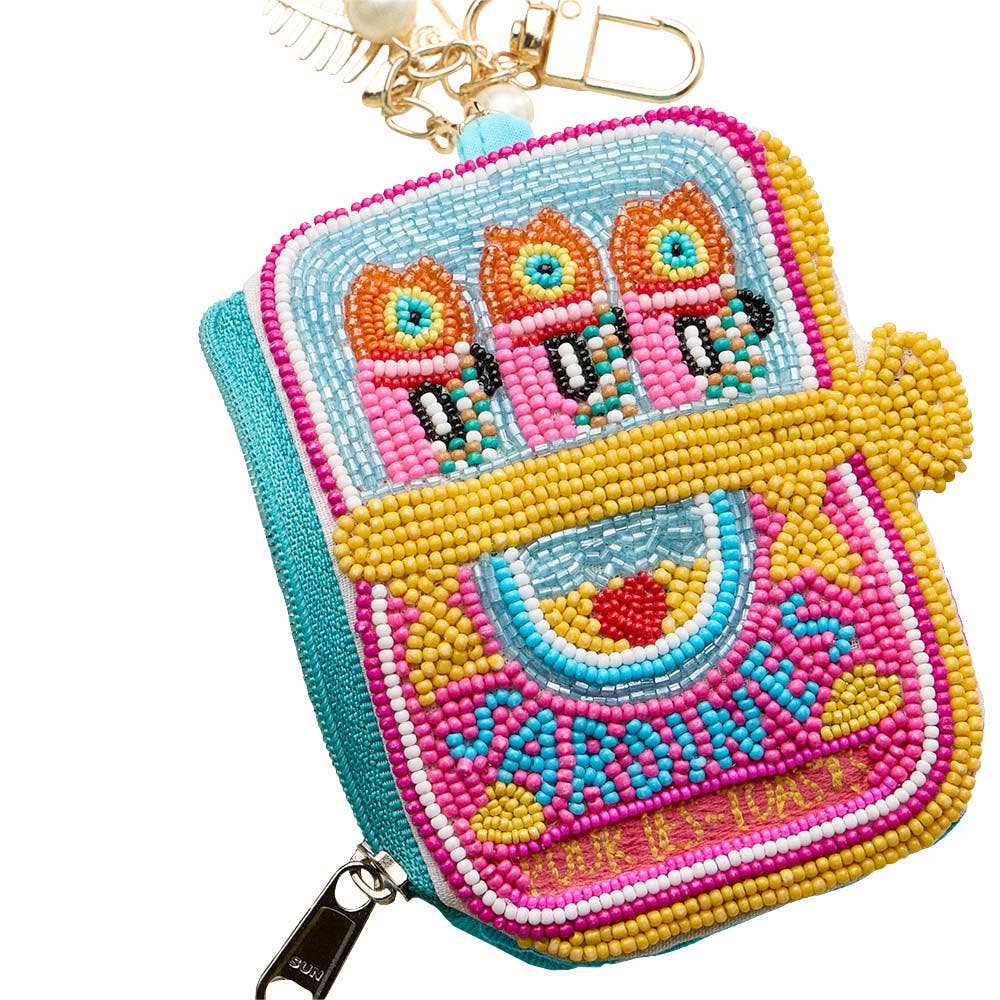 Fishbone Pearl Charm Keychain Sardine Can Seed Beaded Mini Pouch Bag