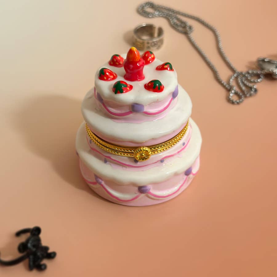 Strawberry Birthday Cake Hand Painted Trinket Box