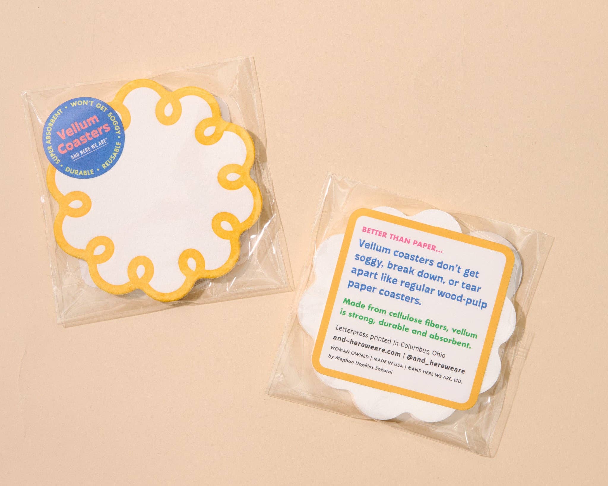 Letterpress Reusable Vellum Coasters—Coquette Scallop Yellow
