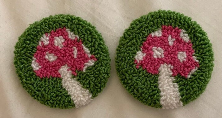 Punch Needle Car Coaster - Pink Mushroom