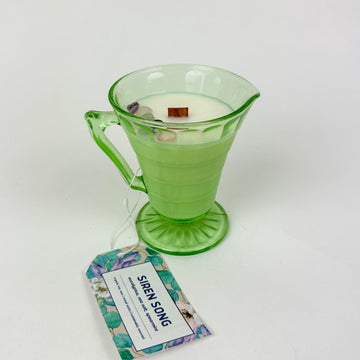Repurposed Vintage Uranium Glass Organic Soy Wooden Wick Green Depression Glass Candle - Siren Song - Eucalyptus, Sea Salt, Mint Scent