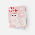 Card with a cat illustration and 'let's pawty!' text on a pink background