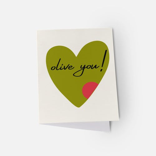 Card with a green heart and 'olive you!' text on a white background
