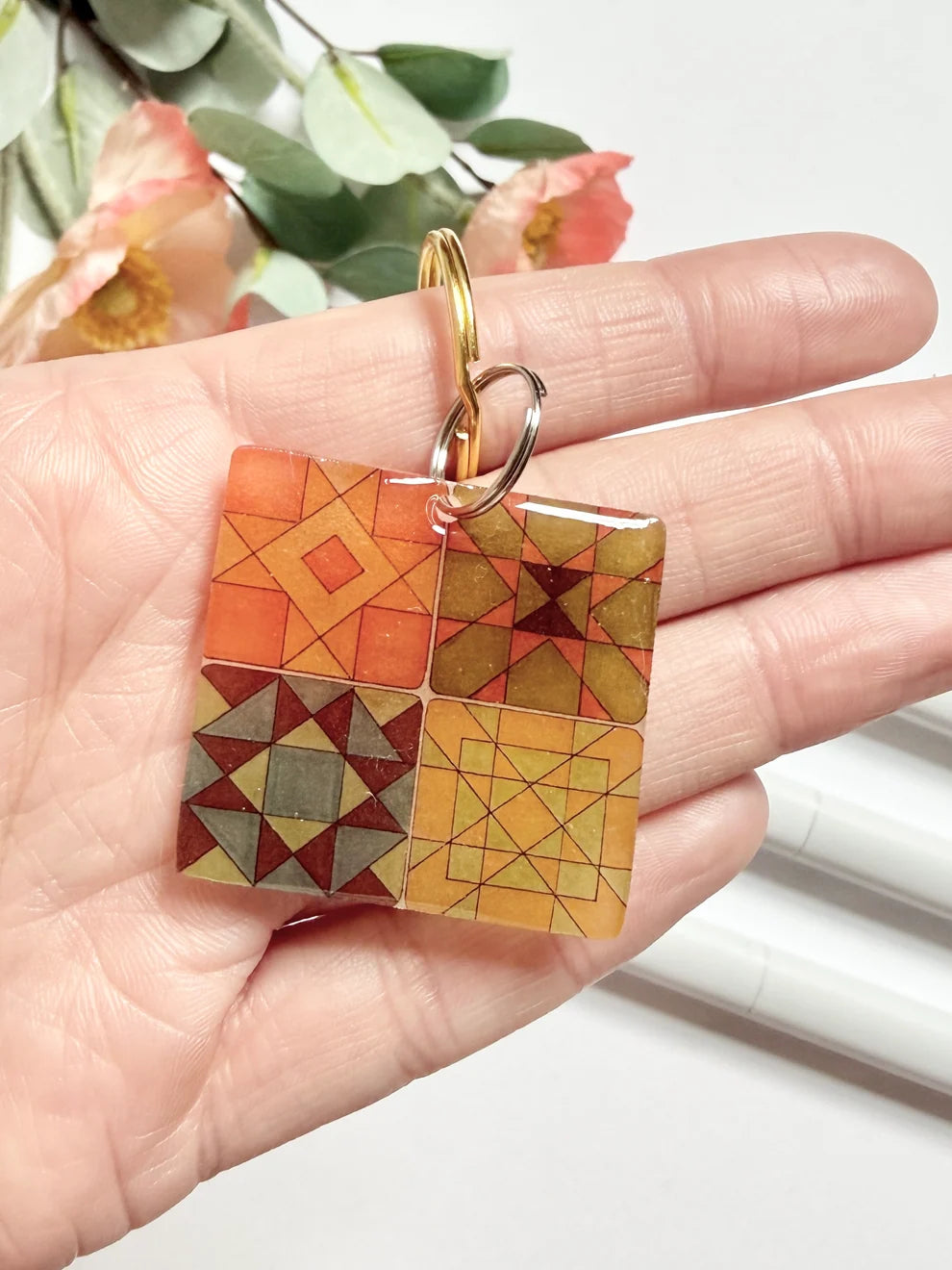 Hand-Illustrated Quilt Squares | Handmade Acrylic + Resin Keychain/Bag Charm