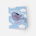 Card with a purple cartoon watering can and text on a blue background with white clouds
