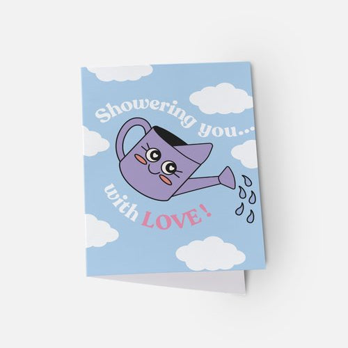 Card with a purple cartoon watering can and text on a blue background with white clouds
