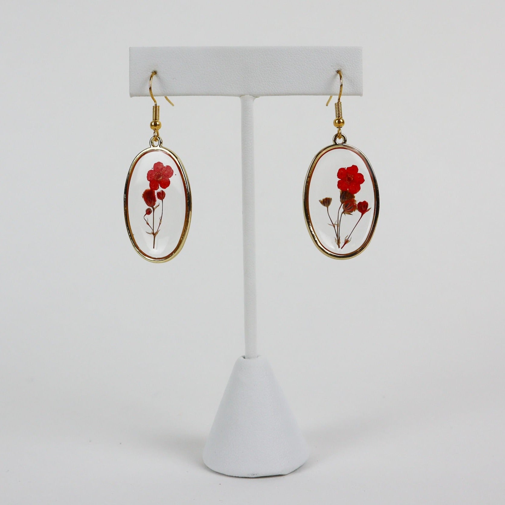 Pressed Flower Earrings - Big Red Oval