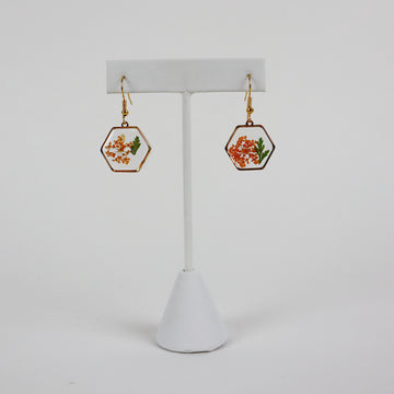 Pressed Flower Earrings - Small Orange Hexagon
