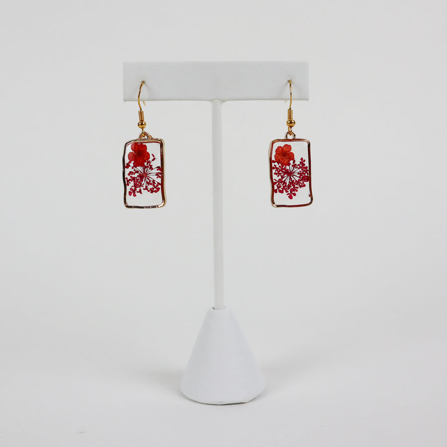 Pressed Flower Earrings - Small Red & Purple Rectangle