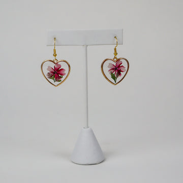Pink Heart Pressed Flower Earrings