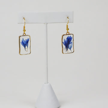 Blue Rectangle Pressed Flower Earrings