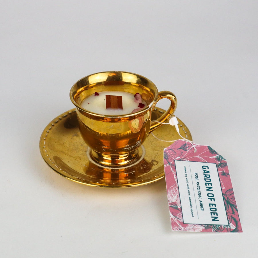 Repurposed Vintage Gold Teacup & Saucer Organic Soy Wooden Wick Candle - Garden of Eden - Palo Santo, Rose, Patchouli Scent