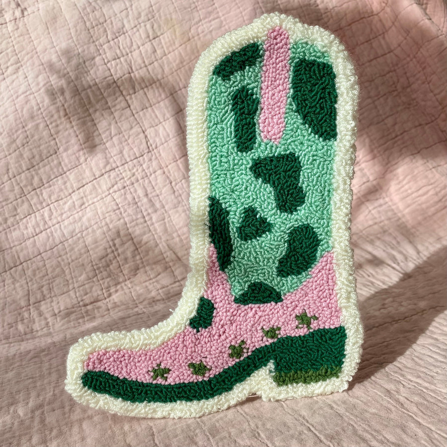 Punch Needle Wall Hanging - Green/Pink Cowgirl Boot