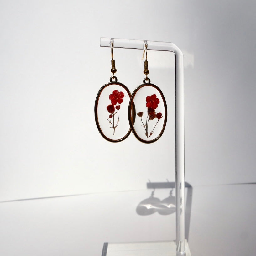 Pressed Flower Earrings - Big Red Oval
