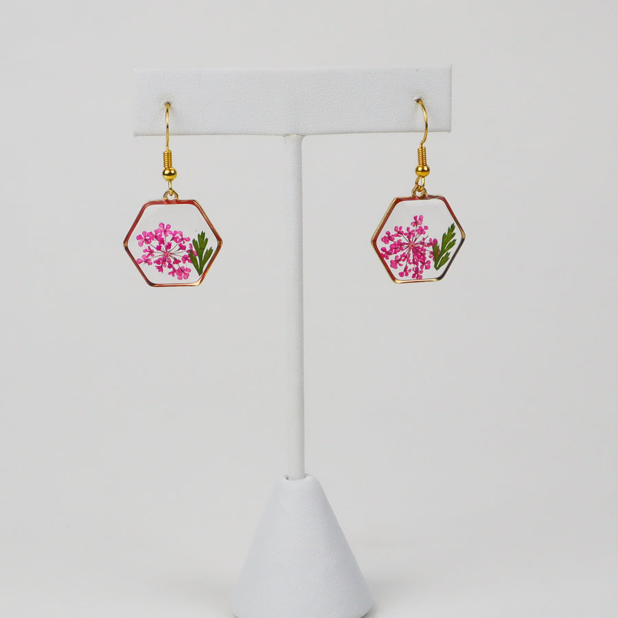 Pink Hexagon Pressed Flower Earrings